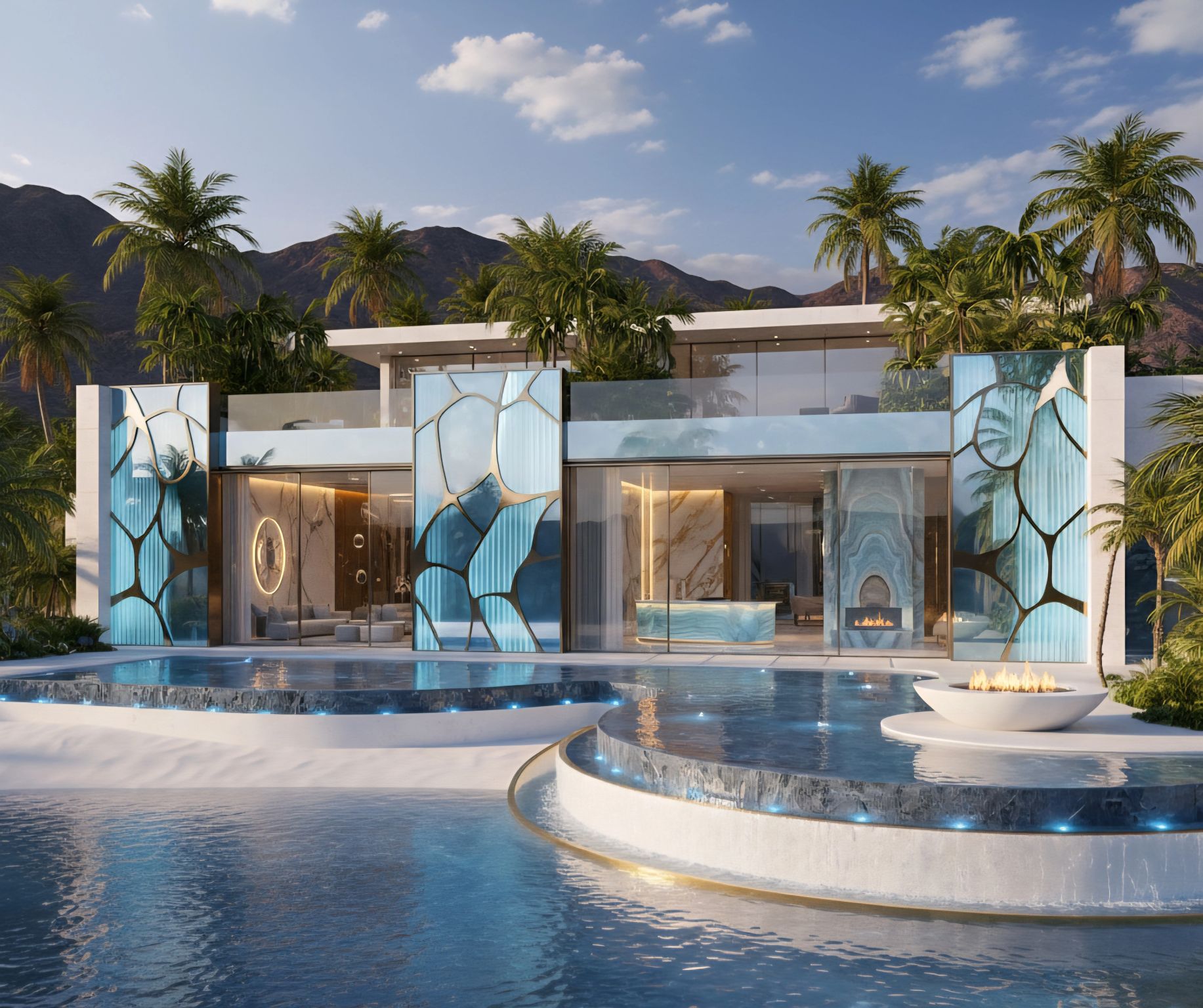 Concept for a luminous aqua-glass residence set against mountains and palms