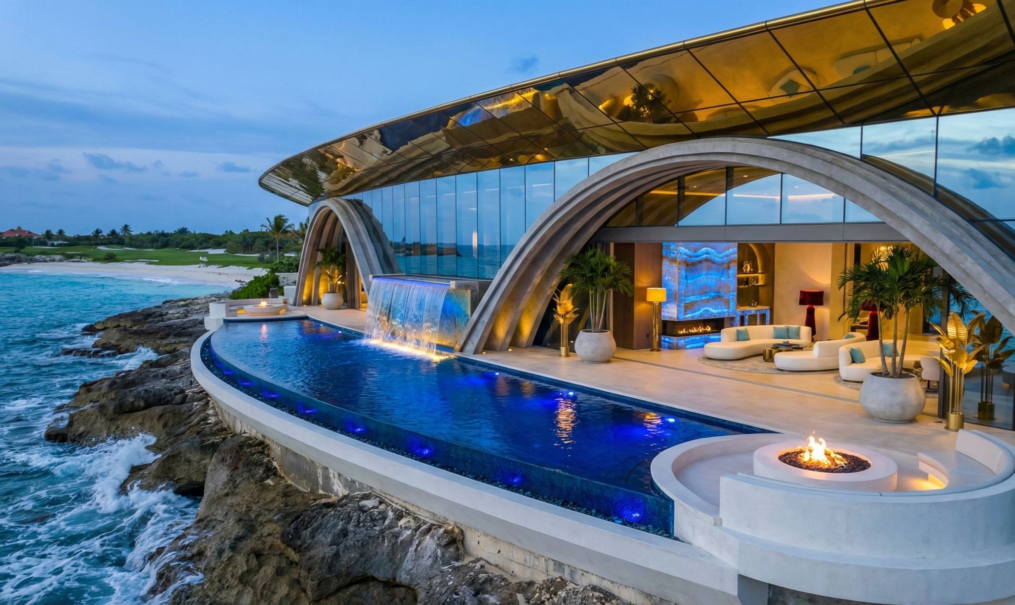 Oceanfront residence concept with sweeping arches, infinity pool and waterfall