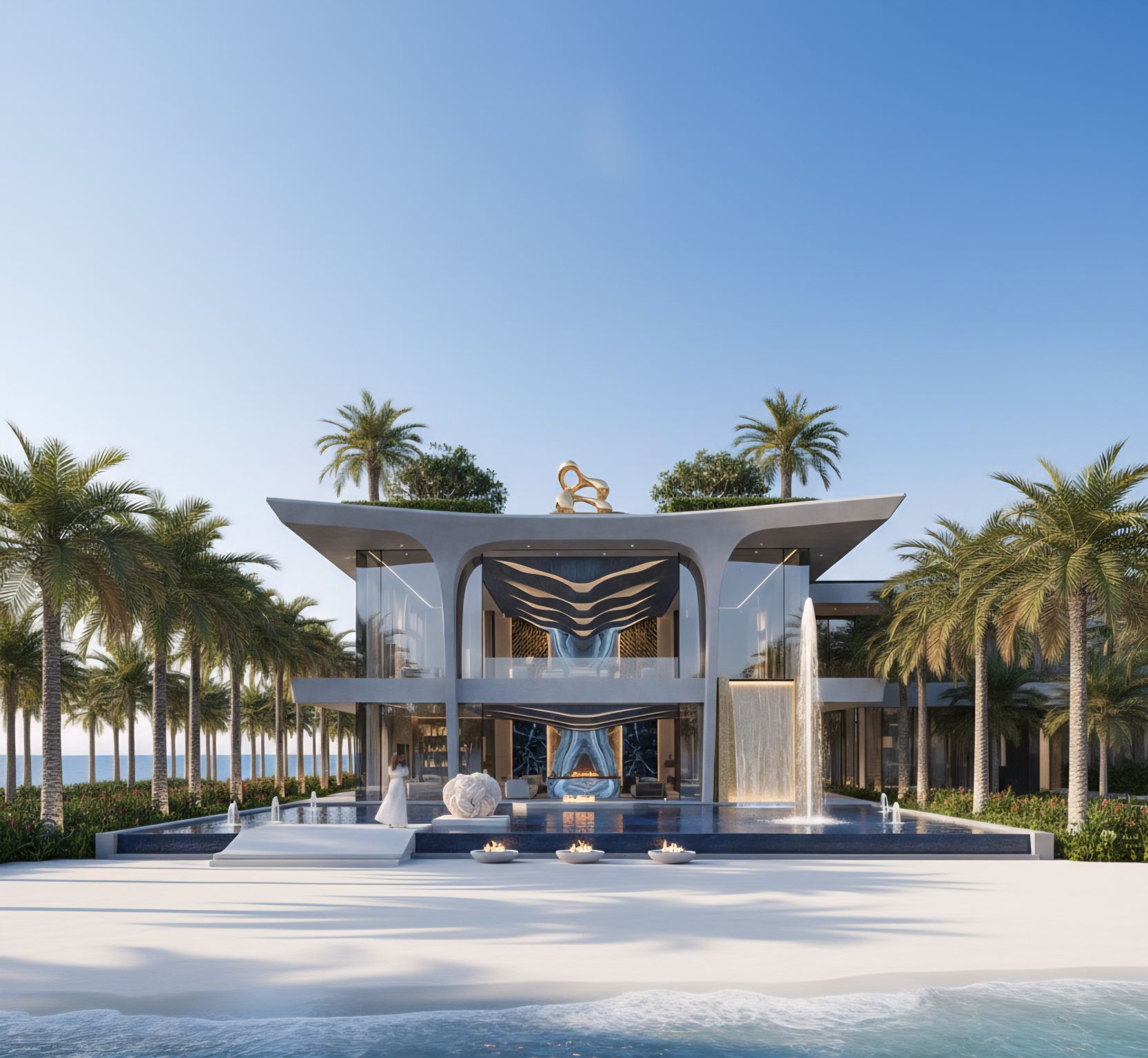 Symmetrical shoreline residence concept framed by palms and reflecting pools