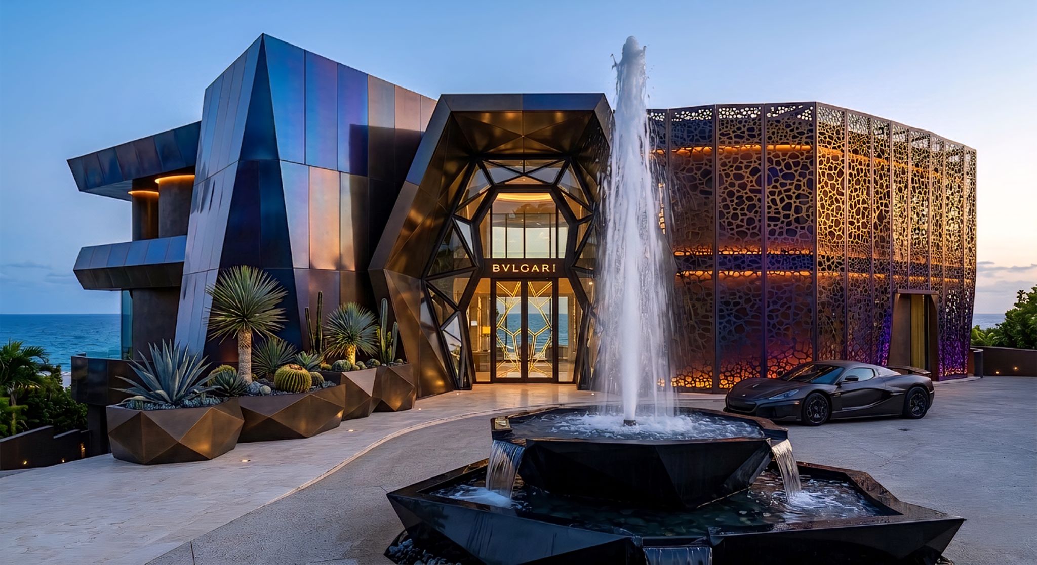 Faceted bronze-toned coastal residence concept with a geometric fountain