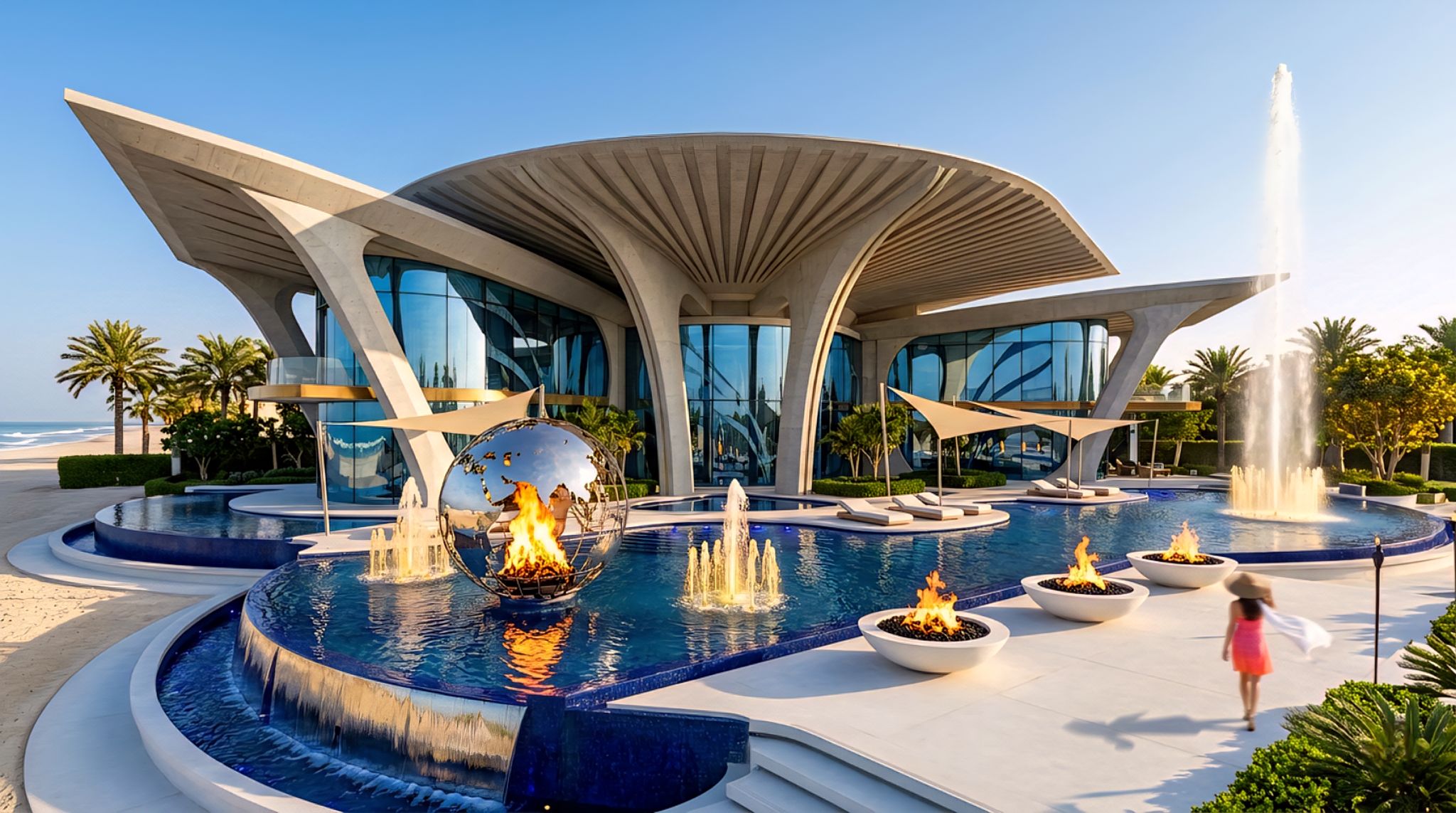Sculptural beachfront residence concept arranged around water and fire features