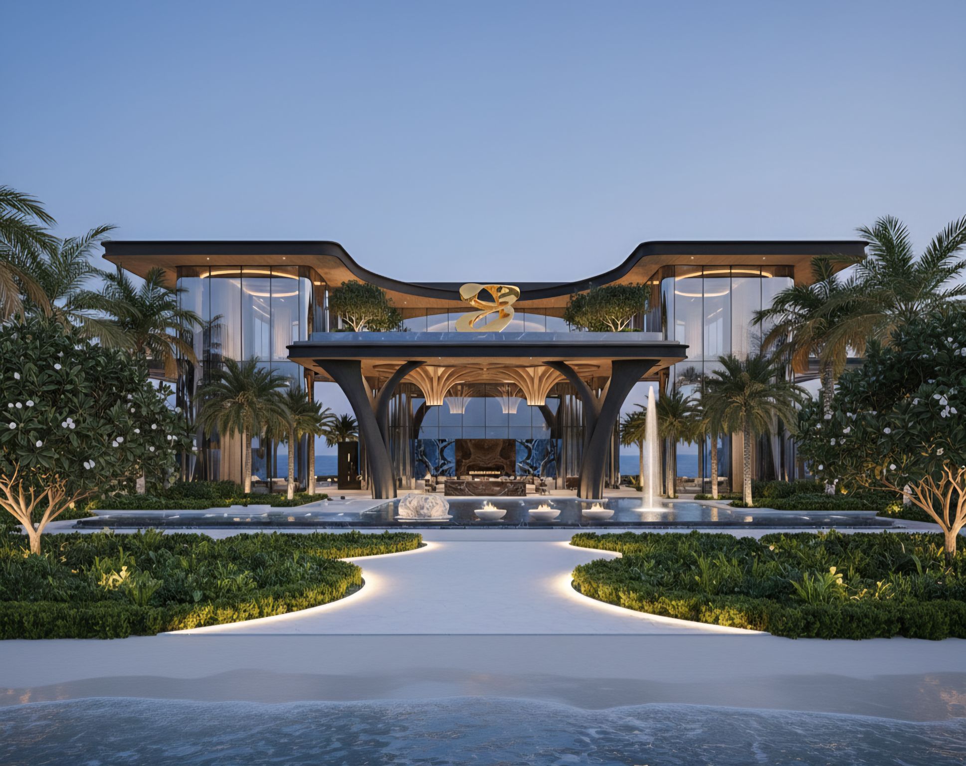 Dusk garden villa concept with curved glass wings and a ceremonial entrance