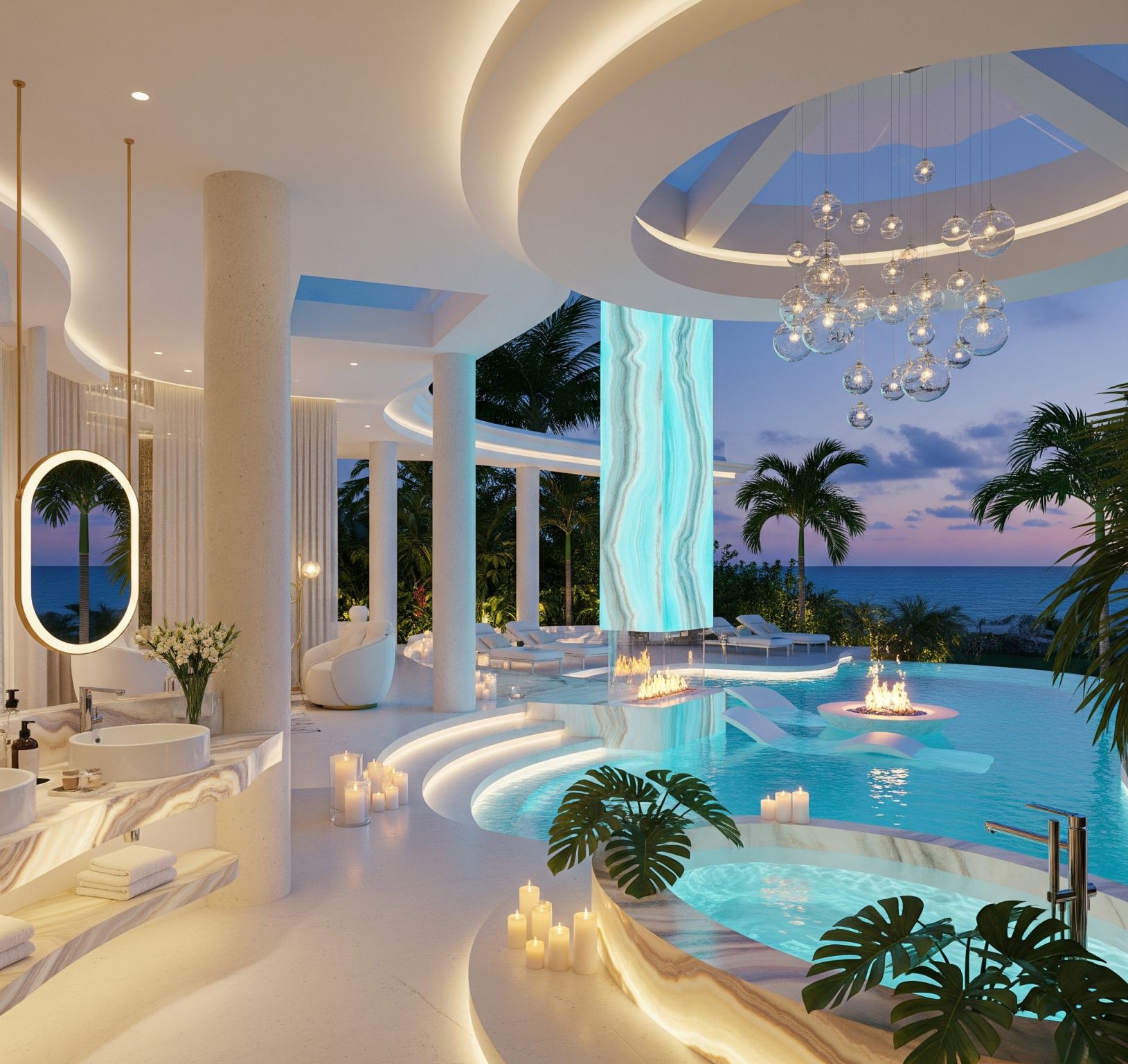 White tropical spa concept with fluid ceilings, pools and ocean views