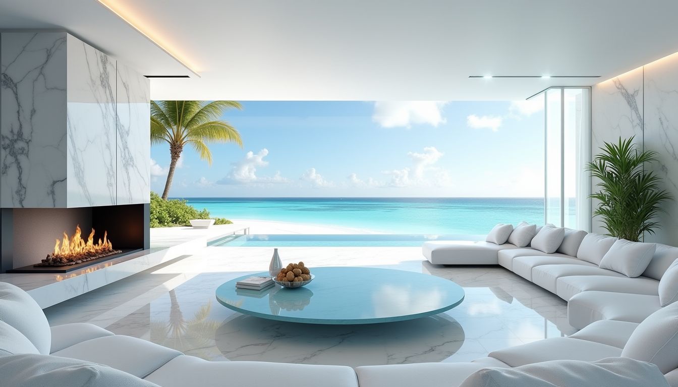 Minimal white ocean lounge concept opening directly onto a pool and horizon