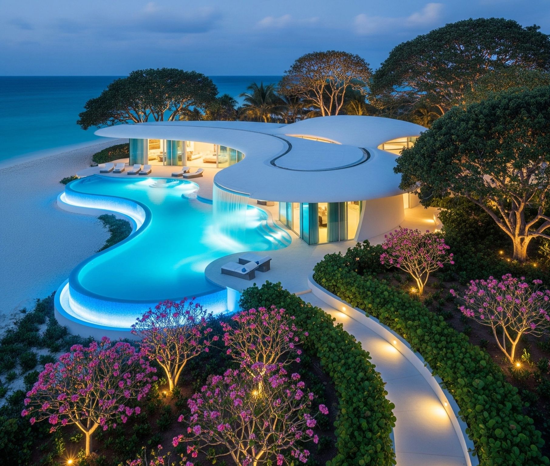 Organic shoreline villa concept with flowing roofs and illuminated pools