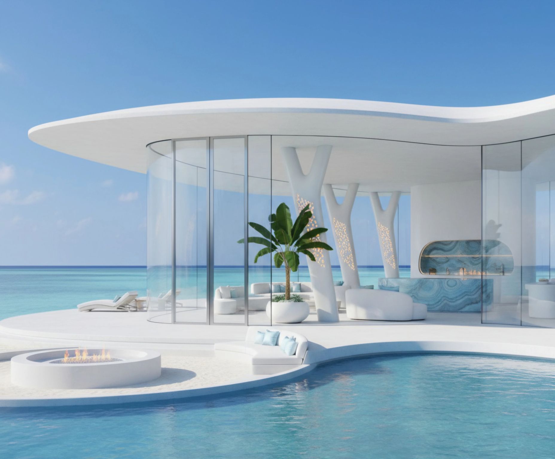 White ocean pavilion concept with transparent walls and branching columns