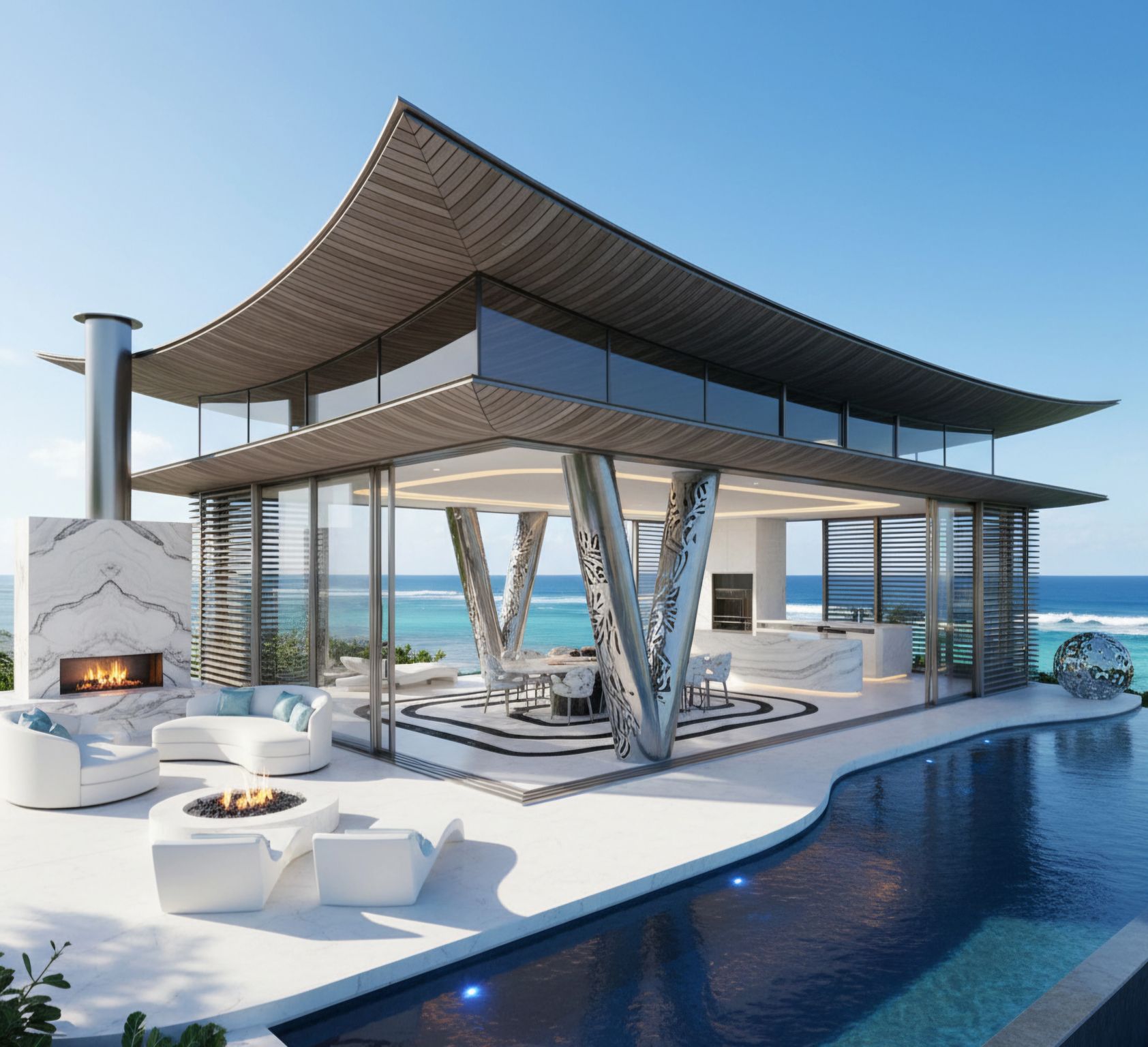 Ocean pavilion concept with a broad curved roof and sculptural supports